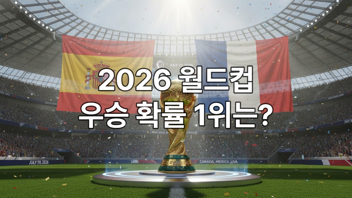 2026 북중미 월드컵 트로피와 강력한 우승 후보인 스페인과 프랑스를 상징하는 배경이 어우러진 화려한 경기장 모습