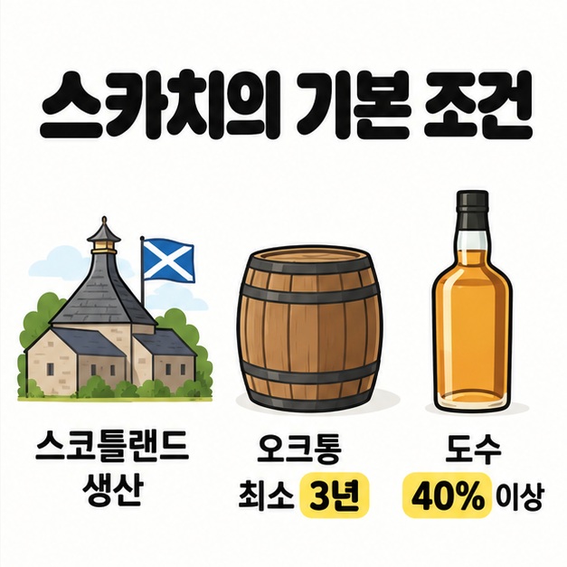 스코틀랜드 생산, 오크통 최소 3년 숙성, 병입 도수 40% 이상이라는 스카치의 기본 조건을 증류소와 오크통, 병으로 설명하는 그림
