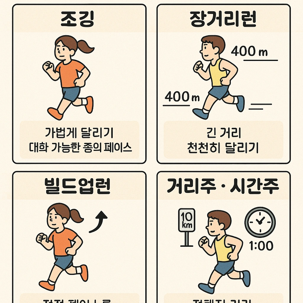달리기 훈련 용어를 설명한 이미지, 조깅, 템포런, 빌드업등