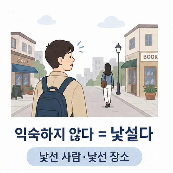 처음 보는 사람과 장소를 통해 낯설다의 뜻을 설명한 이미지
