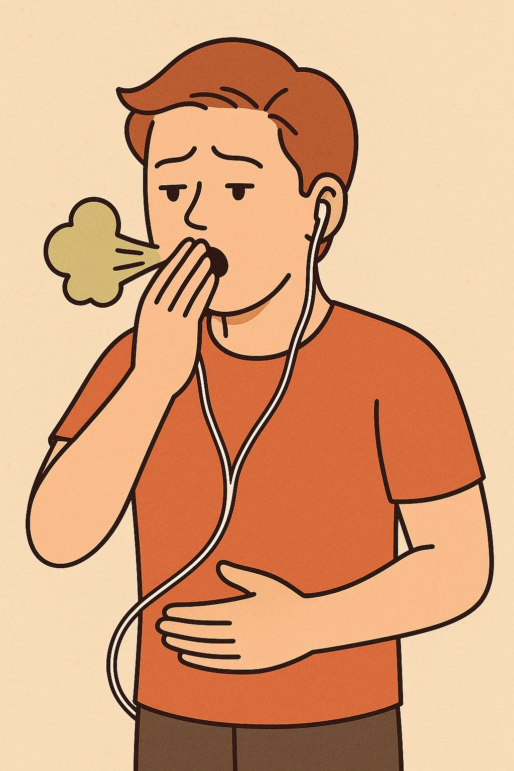 트림을 자주 하는 남성이 불편한 표정으로 입을 가리고 있는 모습의 일러스트. 입에서 가벼운 공기 흐름이 시각적으로 묘사됨.