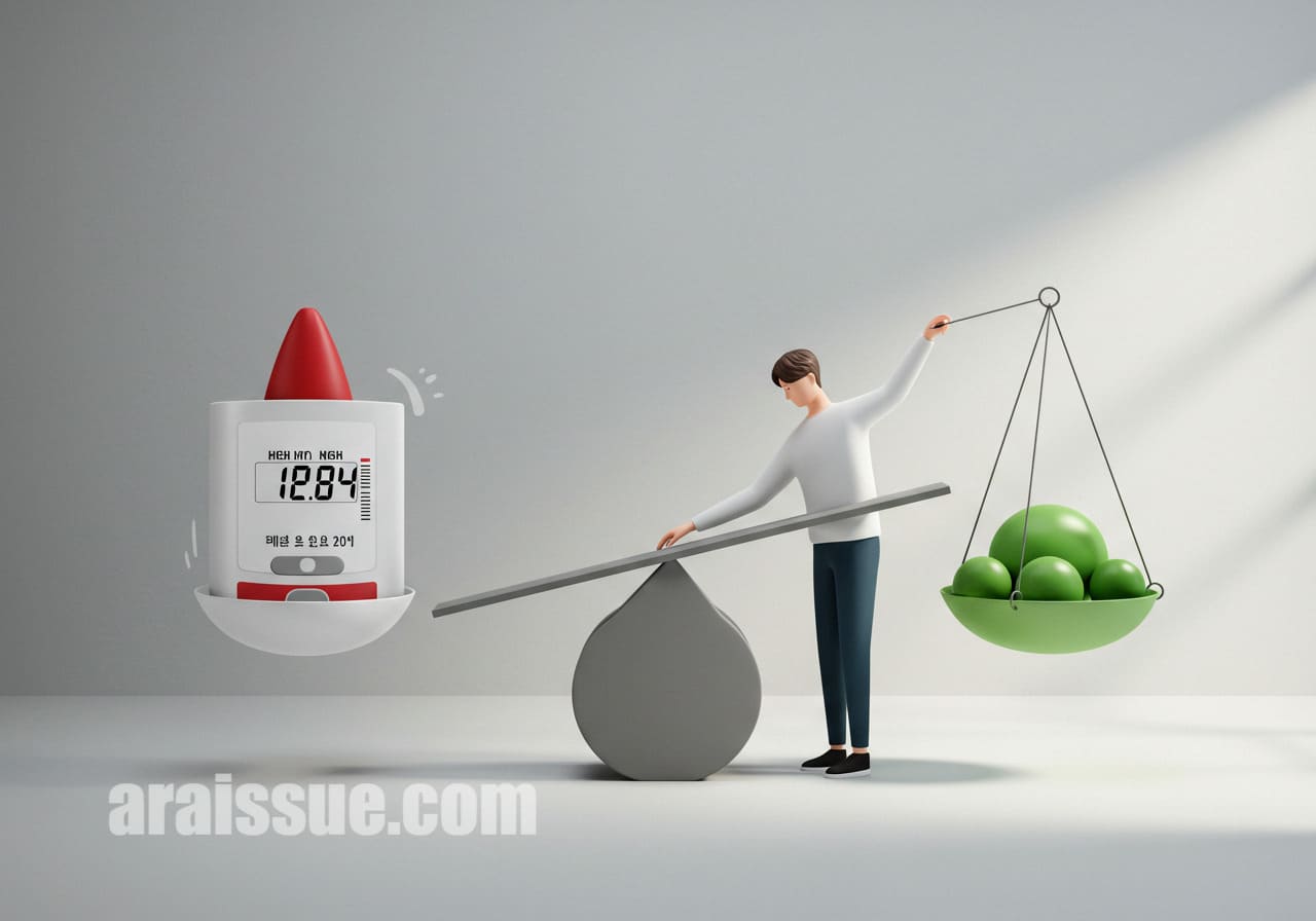 고혈당과 균형 잡힌 혈당을 나타내는 두 개의 저울을 균형 있게 들고 있는 한국 사람. 배경은 미니멀한 현대식 환경으로, 혈당 조절의 중요성을 상징합니다.