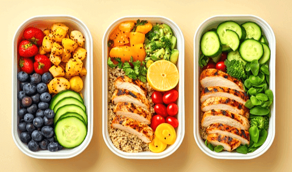 3개의 하얀색 네모난 도시락에 다이어트 음식이 들어있다. 오이, 블루베리, 딸기, 방울토마토, 닭가슴살, 브로콜리가 각각 담겨있다.