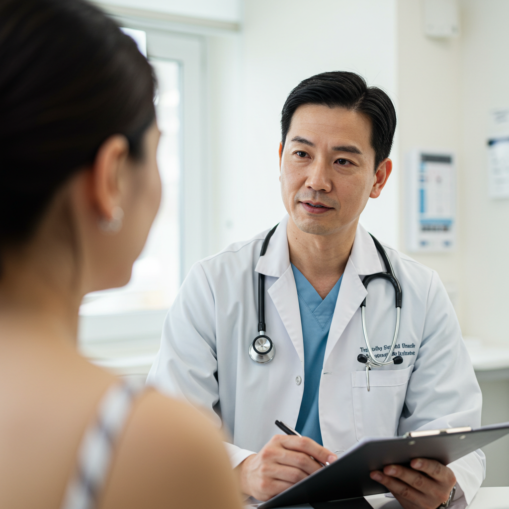 의사가 환자의 말을 경청하며 친절하게 상담하는 모습. 전문적인 진단과 처방의 중요성을 강조하는 이미지.