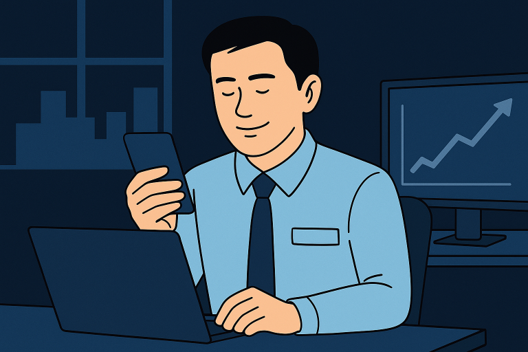 "계좌를 바라보며 잔잔하게 웃는 김대리. 이제 자신의 투자 기준과 리듬을 정립한 듯 성숙하고 여유 있는 표정으로 앉아 있는 모습."