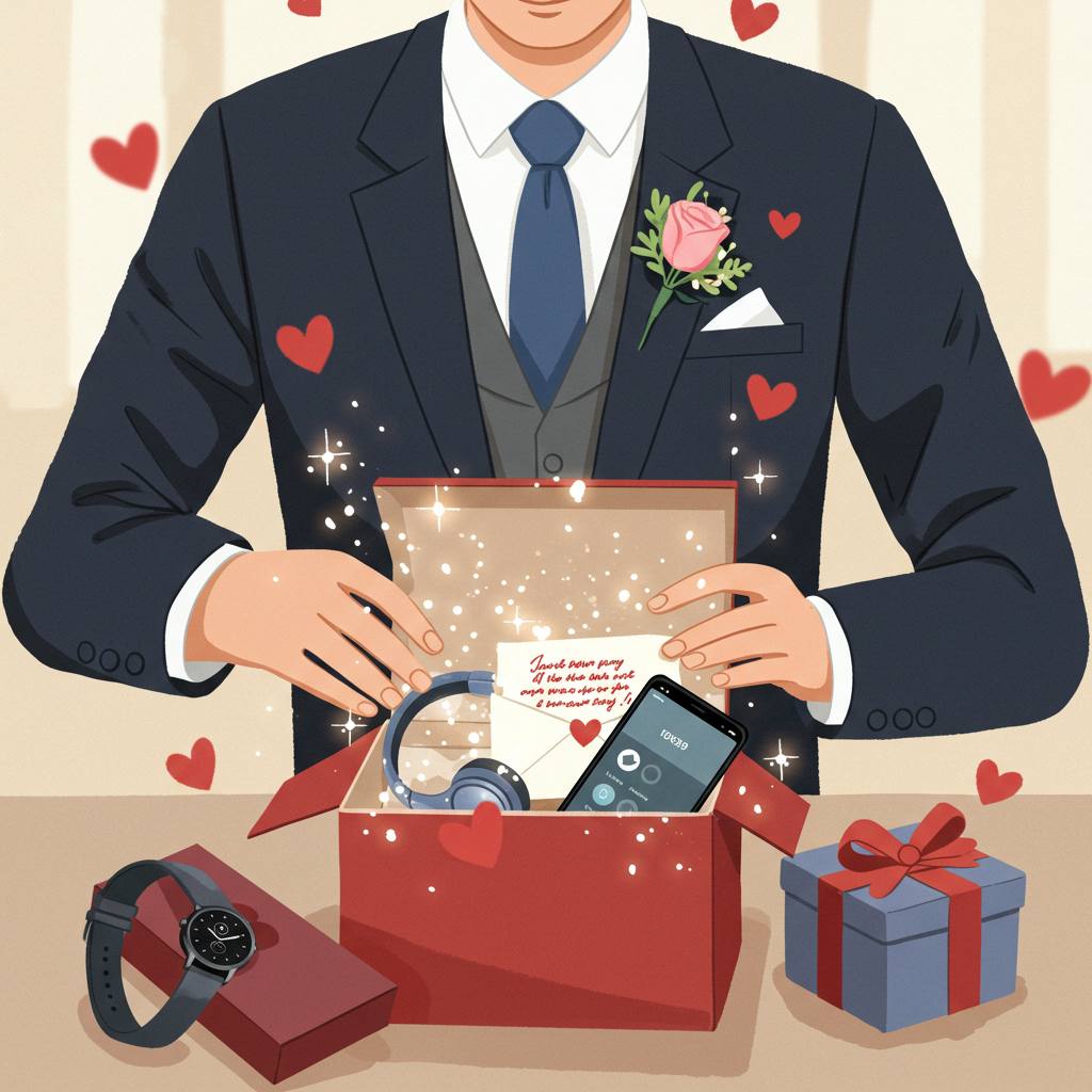 스마트기기와 손편지를 선물 받는 신랑 선물 아이디어 일러스트, 사랑과 감동 표현 – 감성결혼선물, 스마트기기추천