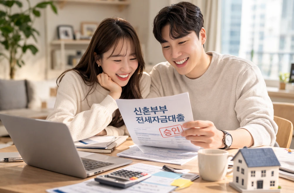 2026년 신혼부부 전세자금대출 서류를 확인하며 행복하게 웃는 신혼부부의 모습
