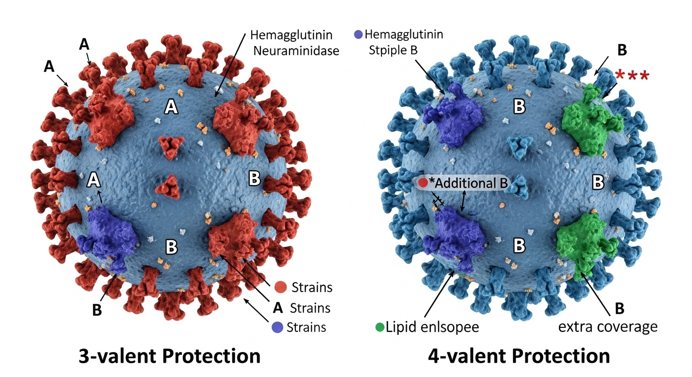 3가와 4가 백신이 예방하는 독감 바이러스 종류를 그림으로 비교