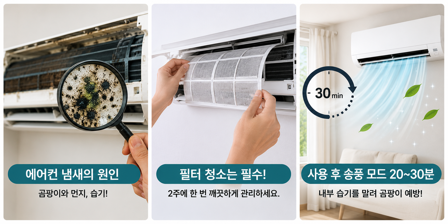 에어컨 냄새 예방 방법을 간략화한 이미지