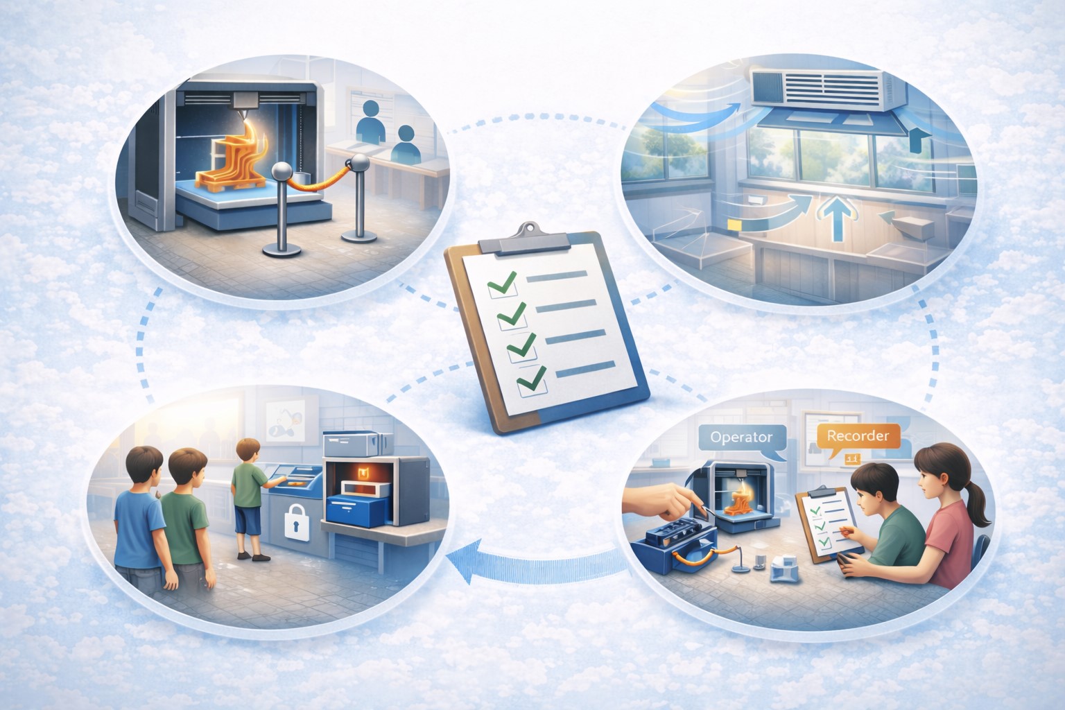 3D 프린터 수업 운영에서 안전 환기 동선 권한을 아이콘으로 구분한 교실 체크리스트 다이어그램 이미지