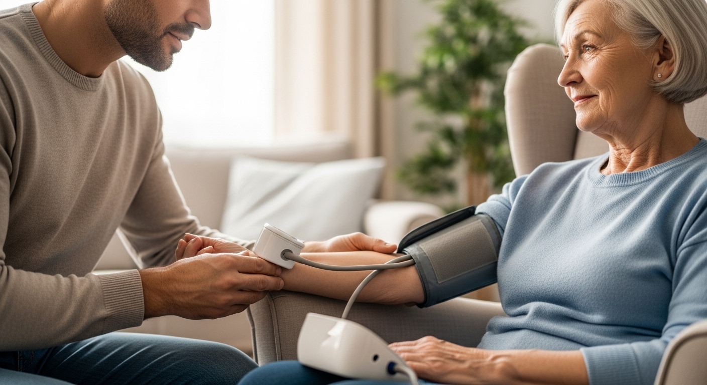 혈압측정기로 혈압을 재고 있는 여성