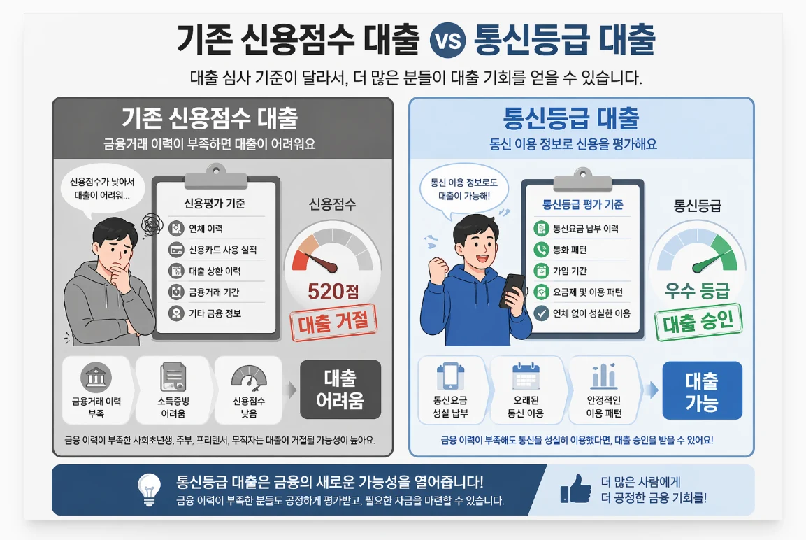 기존 신용점수 기반 대출과 통신등급 기반 대출의 차이를 보여주는 비교 이미지