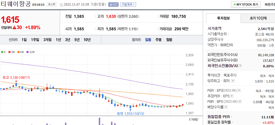 티웨이홀딩스 차트