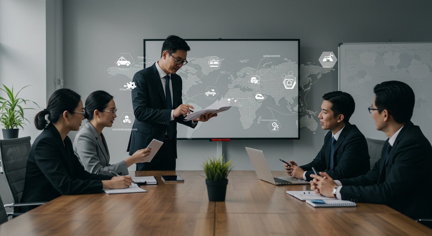 글로벌 비즈니스 전문가들이 회의실에서 미국, 일본, 중국의 산업 데이터를 비교 분석하고 있는 장면. 스크린에는 각 국가의 주요 산업 아이콘과 그래프가 표시됨.
