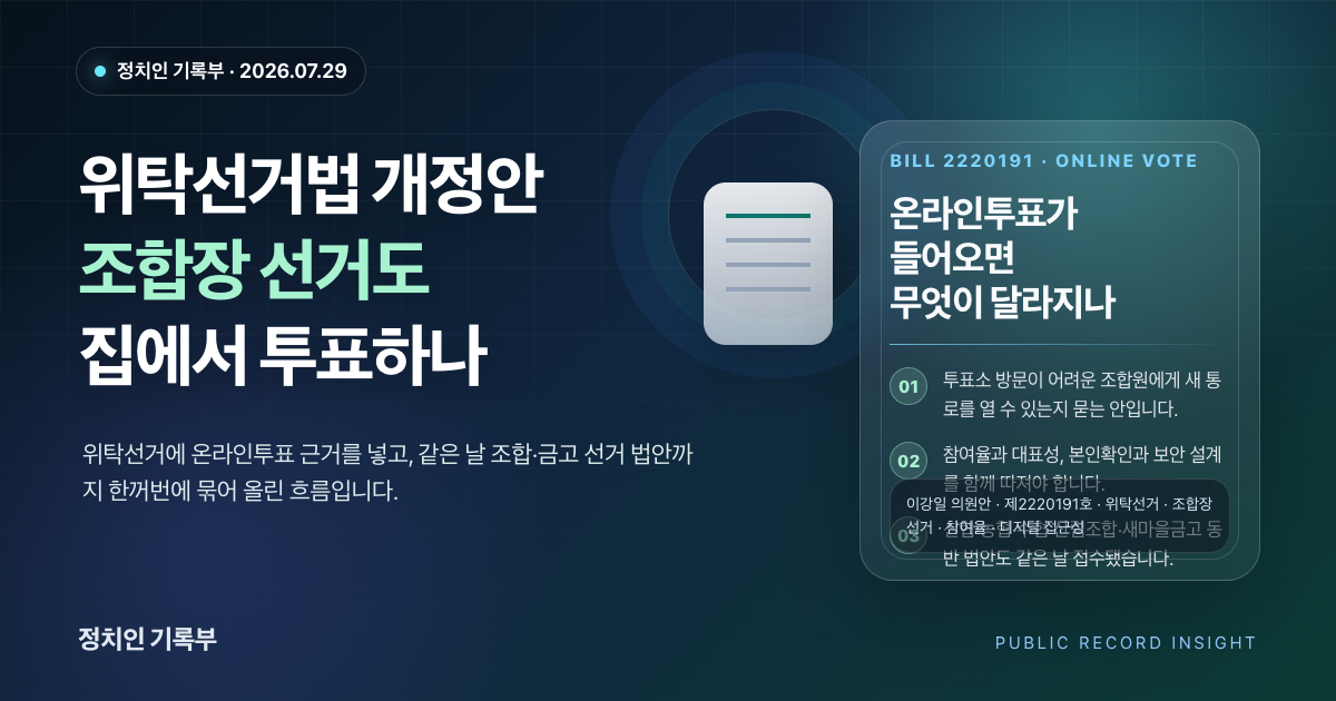 공공단체등 위탁선거법 개정안이 조합장 선거 온라인투표를 어떻게 바꾸려는지 설명하는 타이틀 배너 이미지