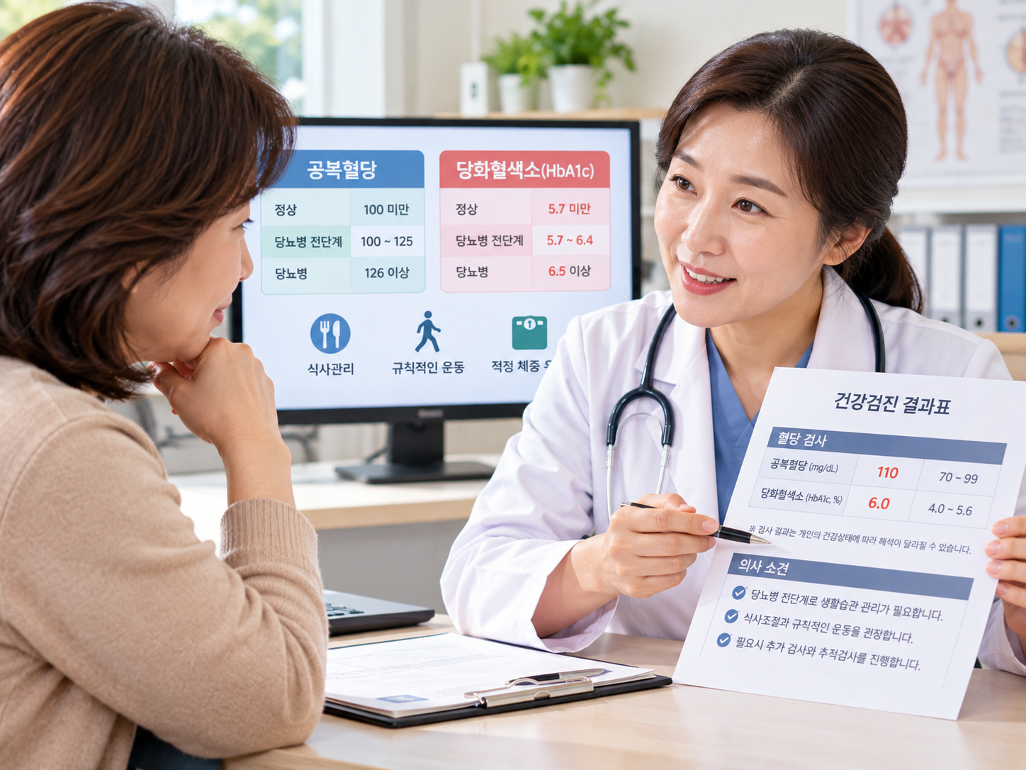 공복혈당과 당화혈색소 검사 결과를 의료진과 상담하는 모습