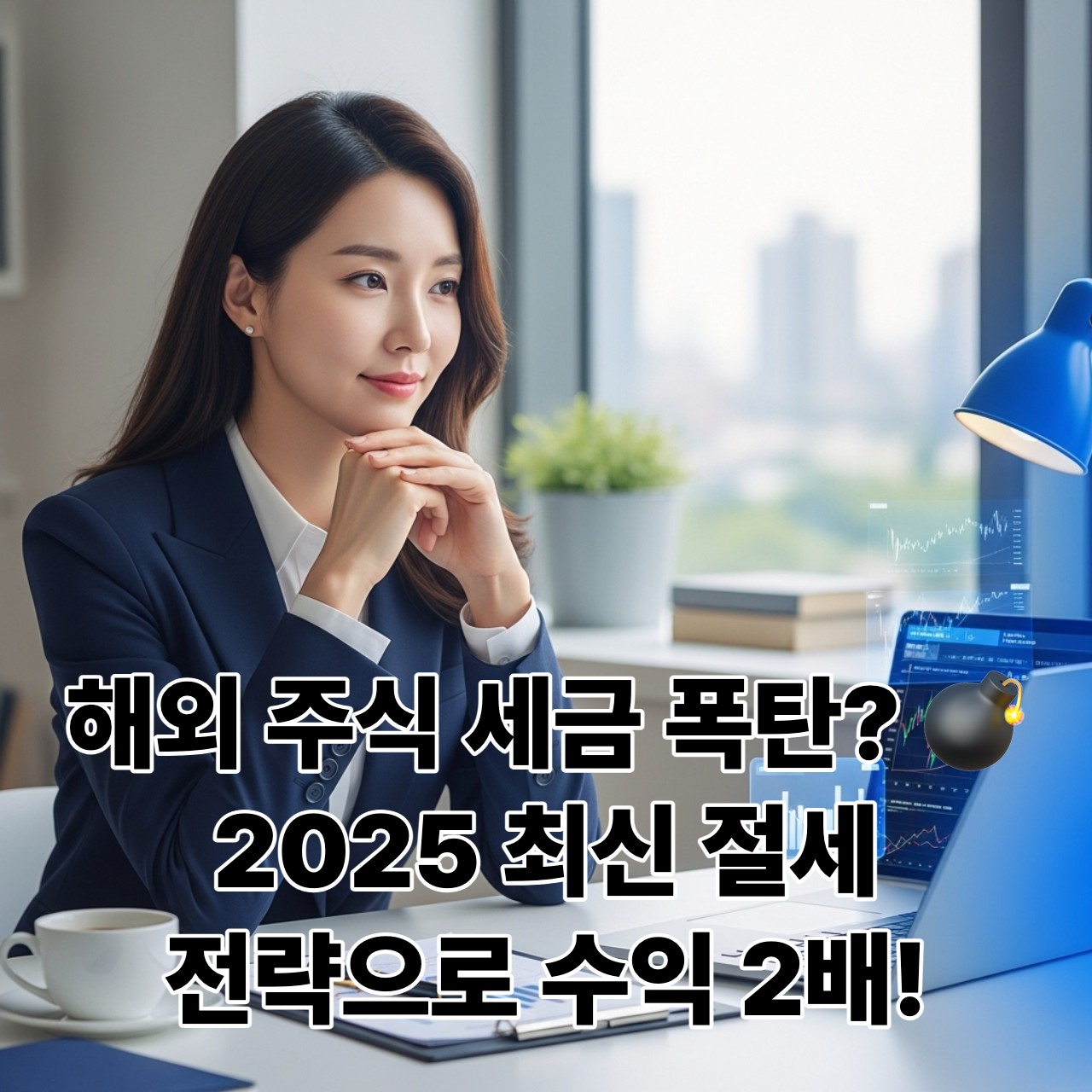 해외 주식 투자 세금 서류와 노트북을 보며 고민하는 한국인 여성 투자자의 모습.