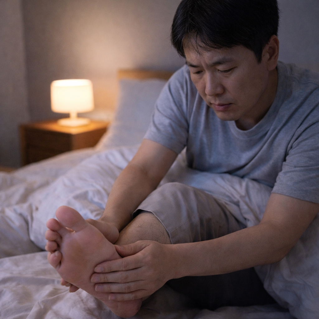 통풍 발작이 밤이나 새벽에 갑자기 시작될 수 있음을 표현한 이미지