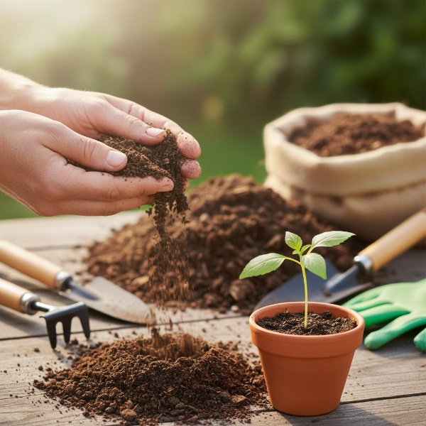 두 손이 비옥한 흙을 만지고 작은 초록색 새싹을 심는 모습으로, 건강한 토양 관리의 중요성을 나타냅니다.