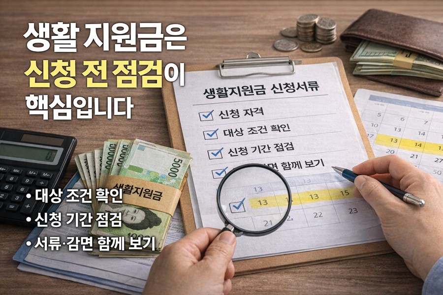 생활 지원금 신청 전에 대상 조건, 신청 기간, 준비 서류, 감면 항목을 함께 확인하는 실전 점검표 이미지입니다.