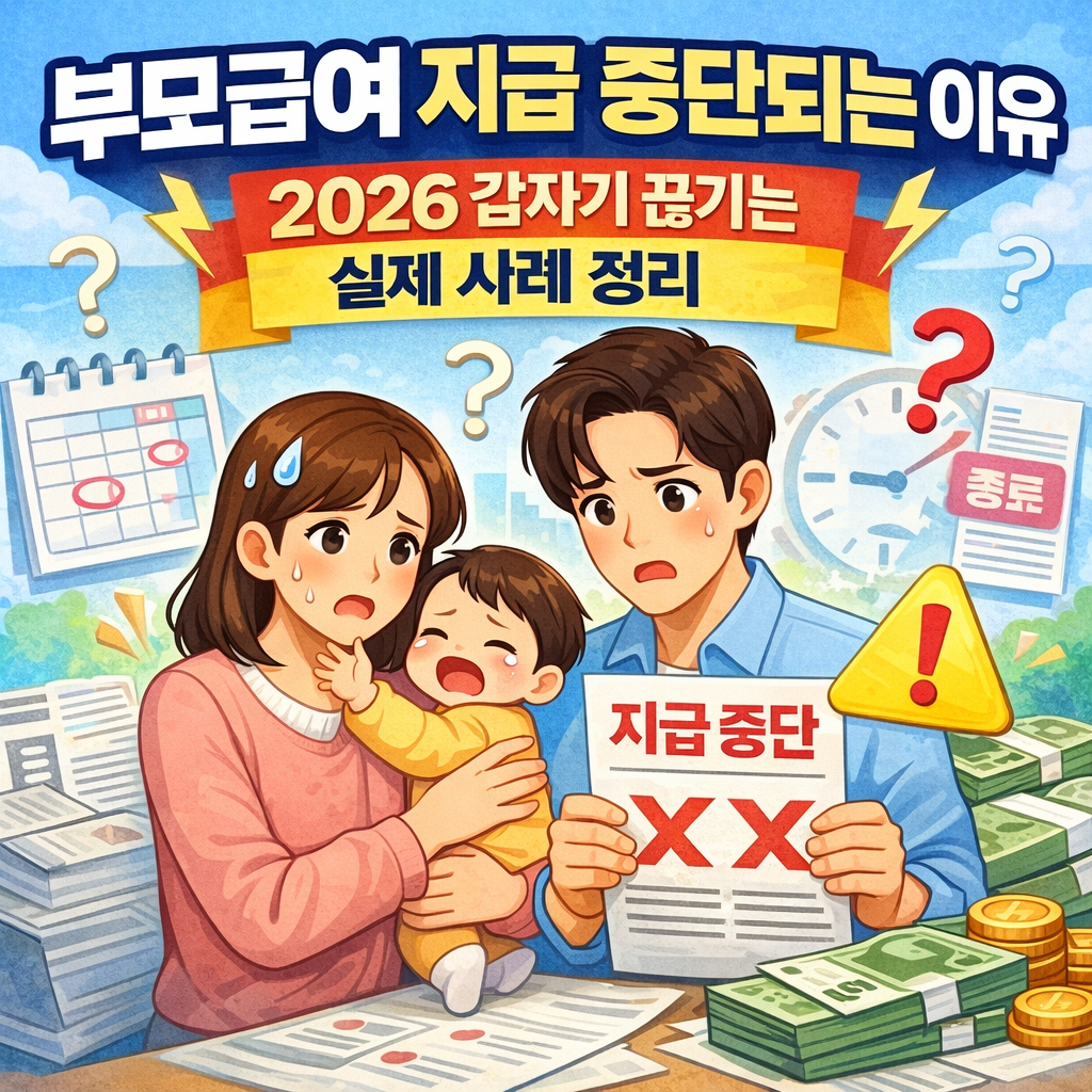 2026년 부모급여 지급 중단되는 이유를 설명하는 부모와 영아 이미지, 실제 중단 사례 정리