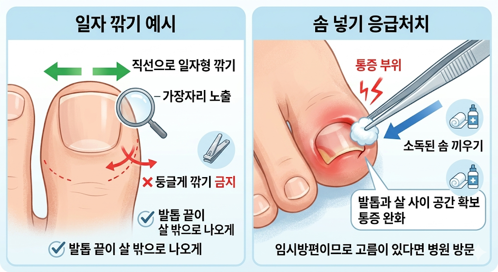 내성발톱 예방 일자 깎기 예시와 솜 넣기 응급처치
