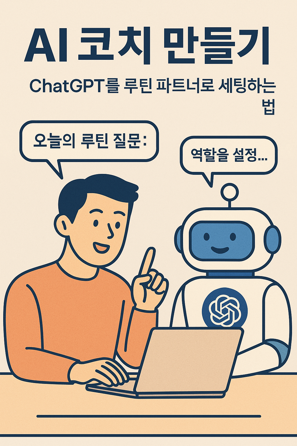 ChatGPT를 루틴 코치로 설정하고 실행력과 감정 조절 루틴을 자동화하는 방법을 안내하는 평면 일러스트 – AI 기반 자기관리 시작을 상징
