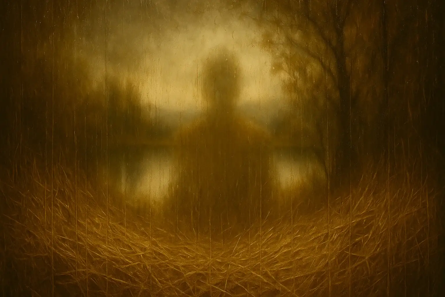 안개 낀 숲속 풍경과 흐릿하게 보이는 인물의 실루엣