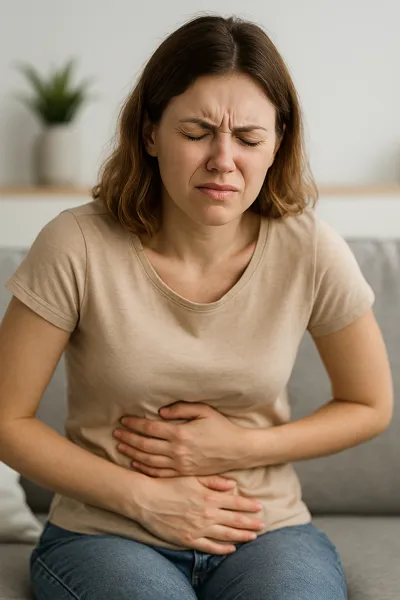 배를 부여잡고 고통스러운 여성