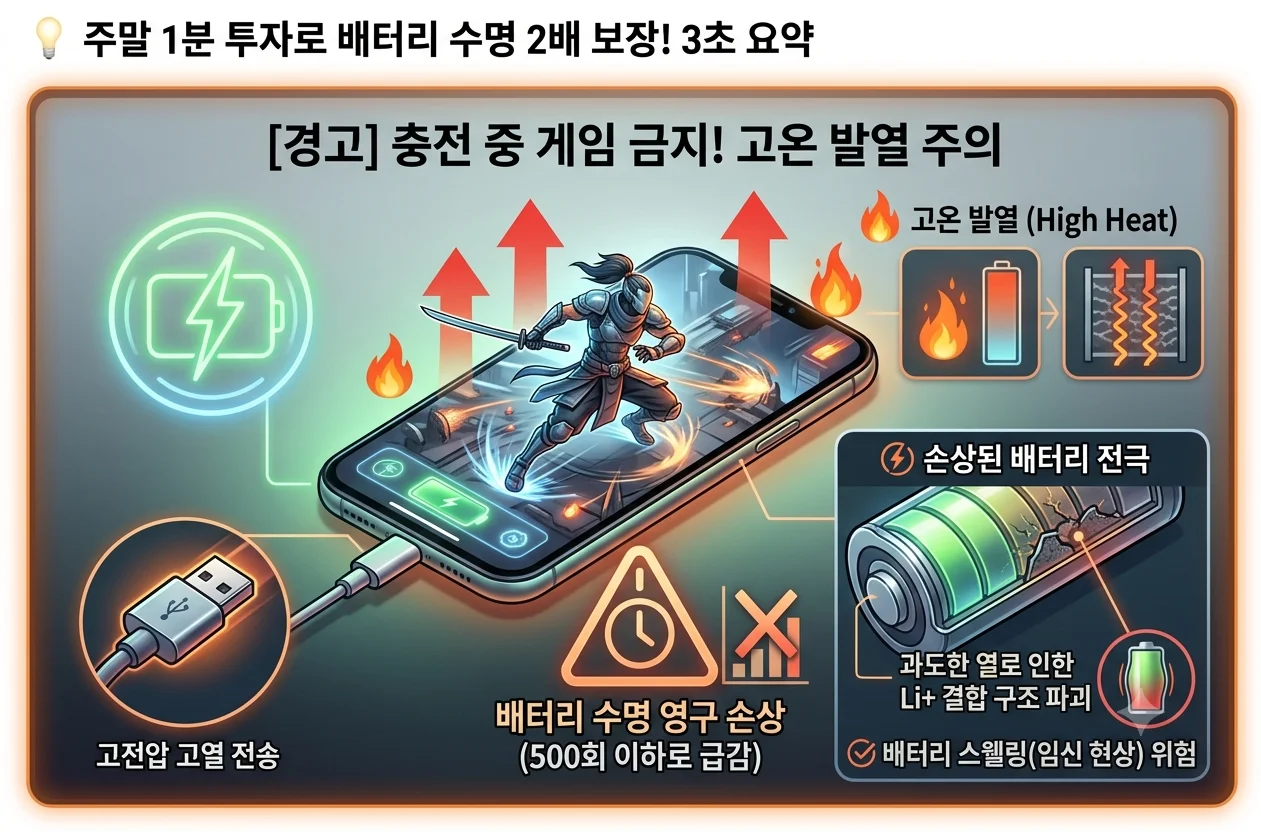 스마트폰 충전 중 고사양 게임 구동 시 발생하는 배터리 고온 발열 및 스웰링 방지 안내