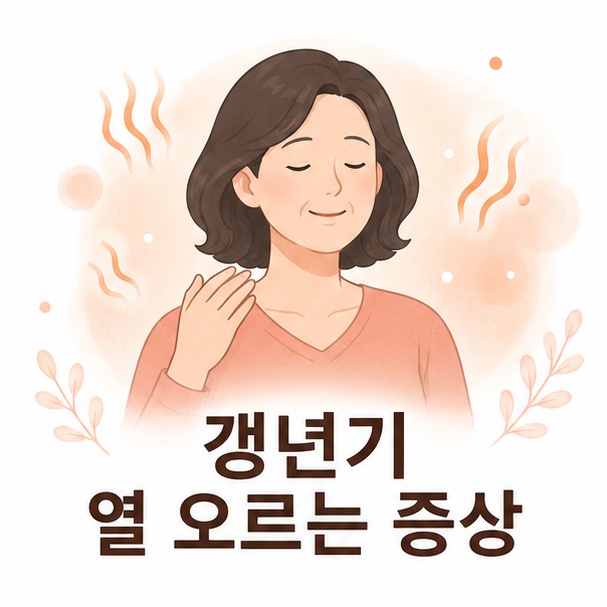중년 여성의 얼굴과 상체에 열감이 올라오는 모습을 표현한 갱년기 증상 안내 이미지