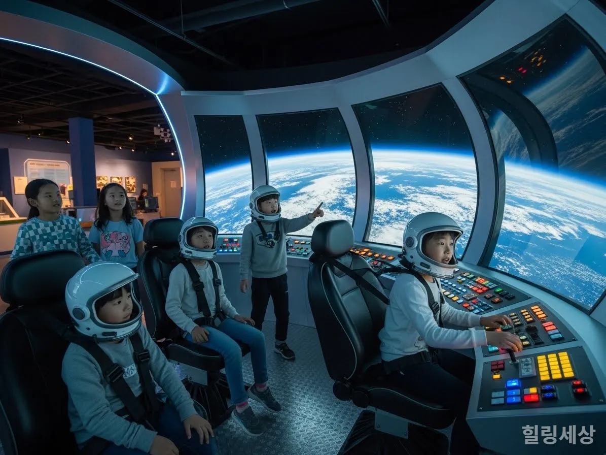 과천과학관에서 우주 탐험 시뮬레이션을 체험하는 한국 아이들