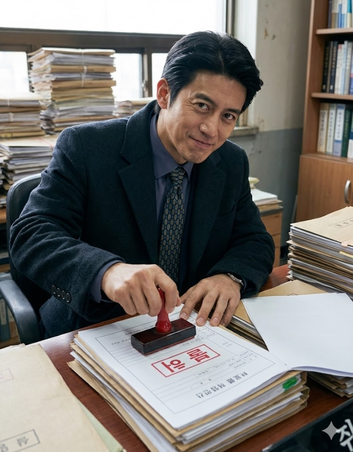 수북이 쌓인 가석방 심사 서류 앞에서 &quot;불허&quot; 도장을 손에 쥐고, 익살스러운 표정을 짓는 이한신