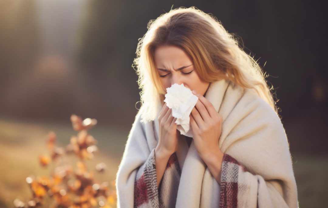 한 여성이 담요를 걸치고 휴지를 코에 대고 기침을 하고 있다.