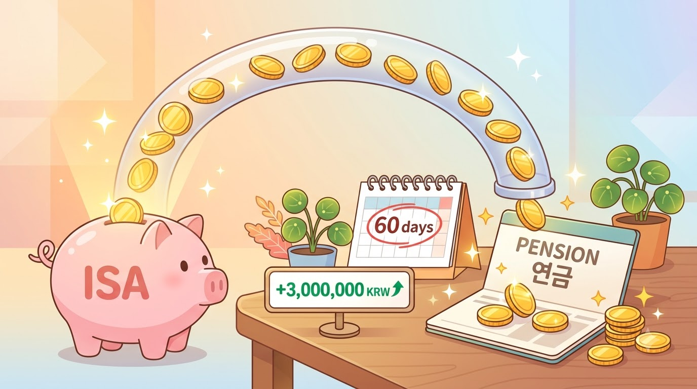ISA라고 적힌 저금통에서 연금 통장으로 동전이 흘러가고, 옆에 60일 달력과 300만 원 표지판