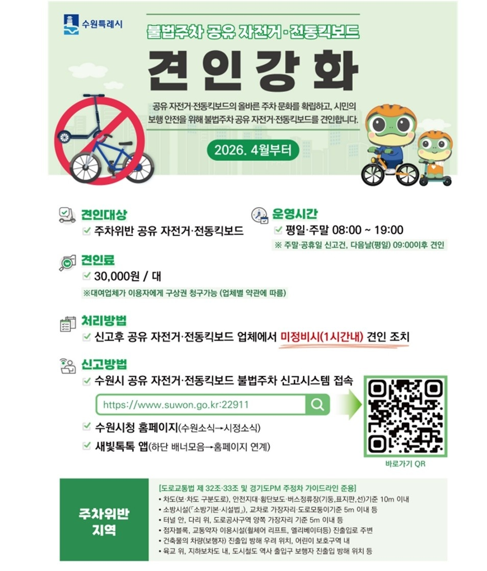 수원시 공유자전거 및 전동킥보드 불법주차 신고와 견인 기준 안내 이미지