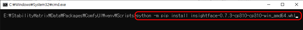 cmd에서 python -m pip install insightface-0.7.3-cp310-cp310-win_amd64.whl
명령어를 입력한 화면