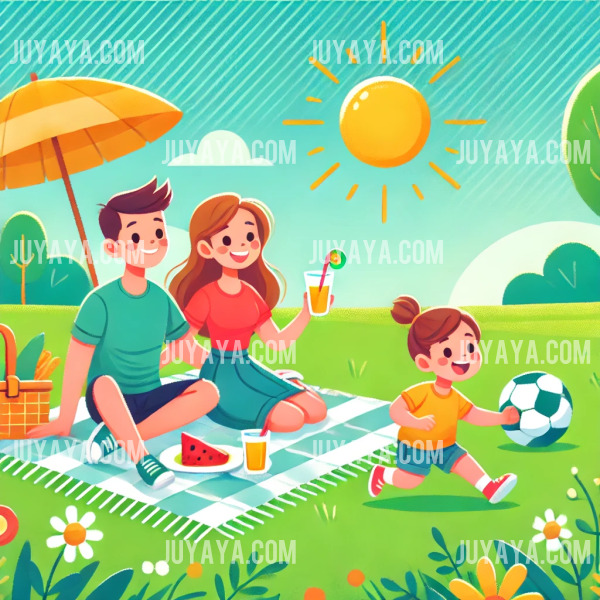 햇살 가득한 공원에서 가족이 소풍을 즐기며 아이가 공놀이를 하고 있는 모습. 초록 잔디와 꽃들로 가득한 풍경.