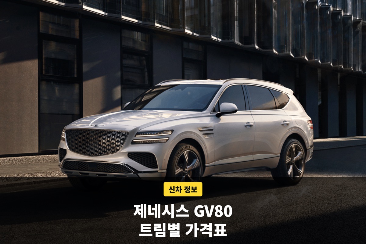 도심 건물 앞에 선 은백색 제네시스 GV80 앞 측면
