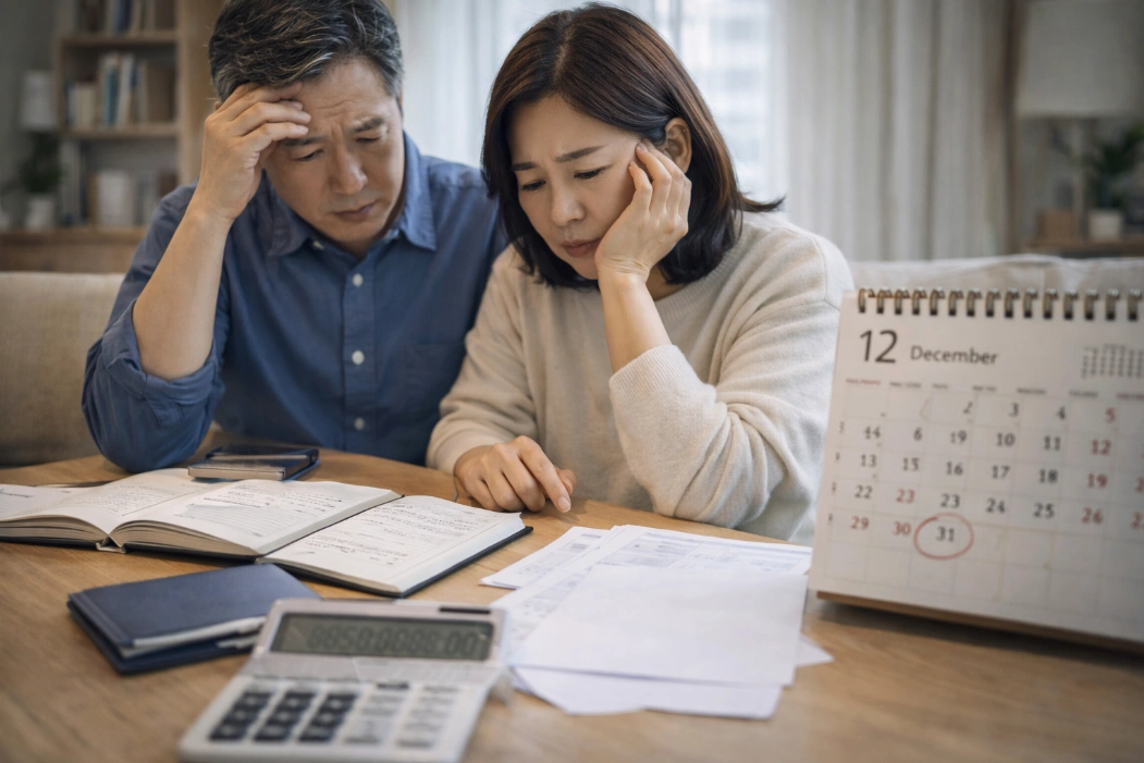 12월 말 달력을 앞에 두고 40~50대 한국 부부가 연말 소득과 재산을 점검하며 건강보험 피부양자 자격 상실을 걱정하는 모습