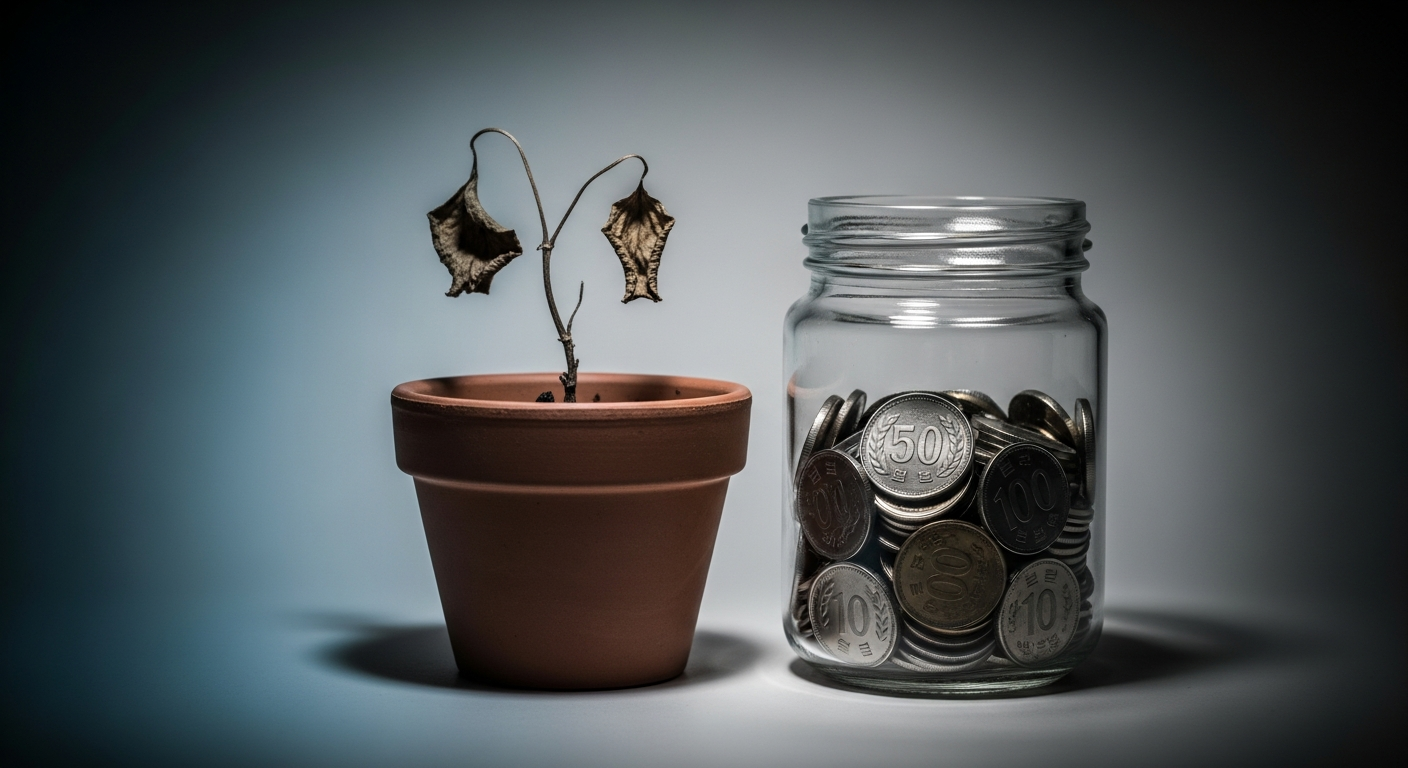 회색 배경 위, 시든 식물 화분 옆에 한국 원화 동전이 담긴 유리병이 놓여 있는 모습