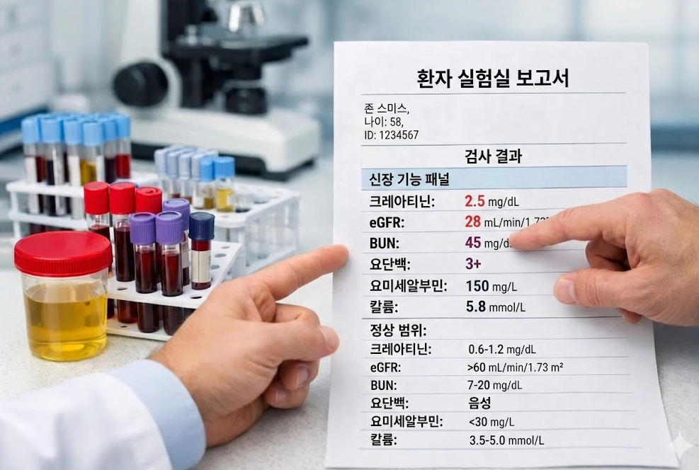 고혈압 환자의 신장 기능 검사 결과지에서 크레아티닌과 eGFR 수치를 확인하는 장면
