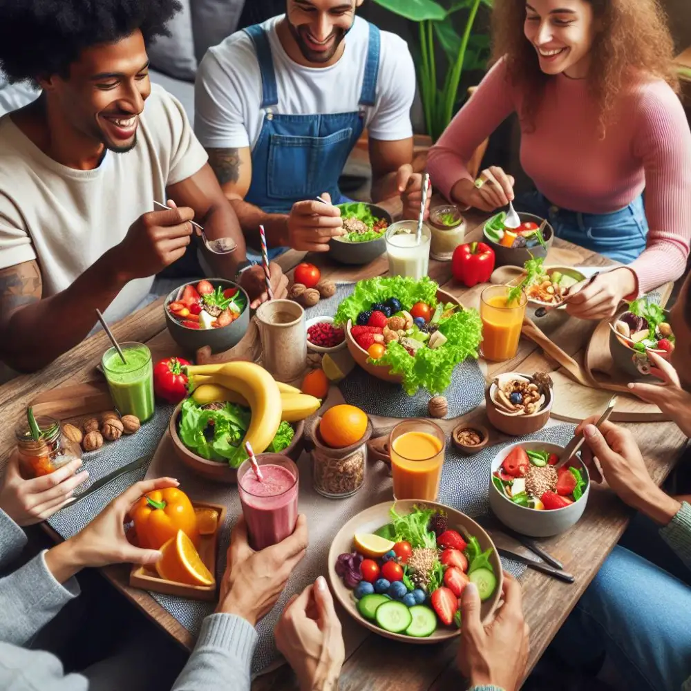 몸에 좋은 건강한 음식을 먹고 있는 사람들의 모습