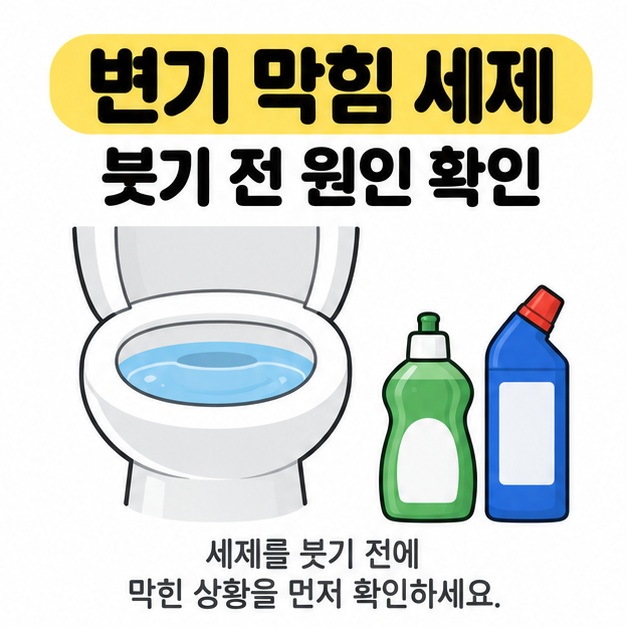 변기 막힘 세제 제목과 붓기 전 원인 확인 문구 아래 물이 고인 변기와 세제 용기를 배치한 이미지