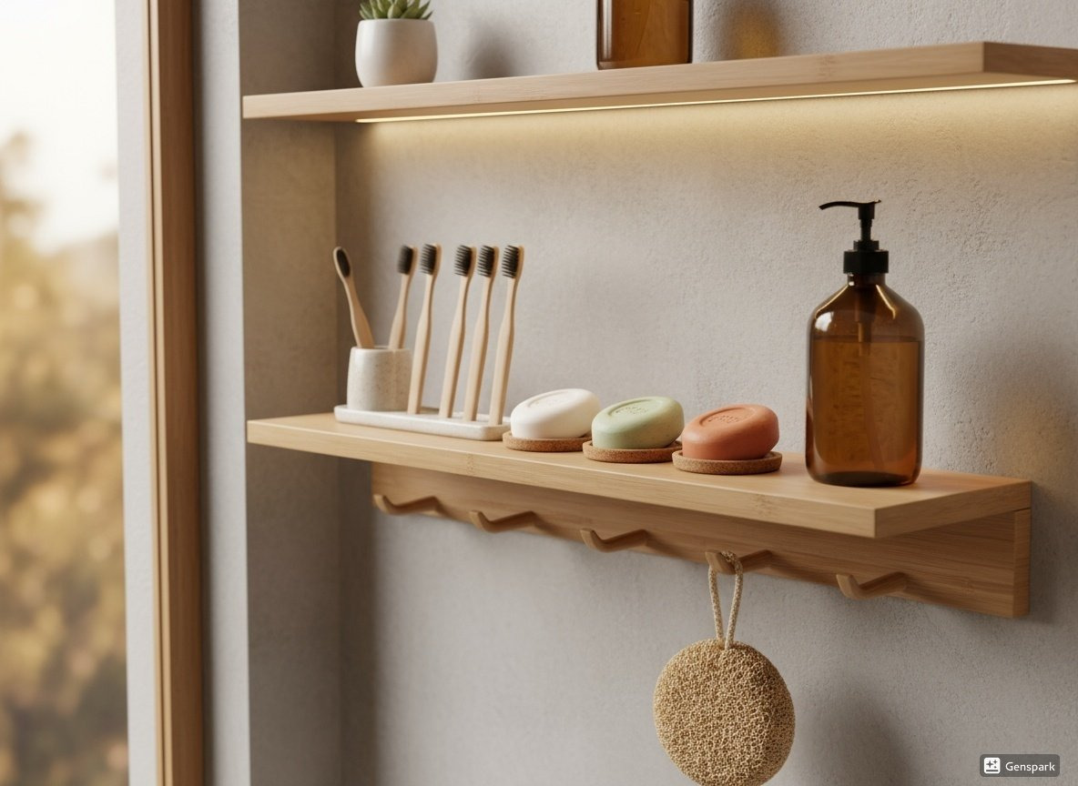 일회용품 대신 대나무 칫솔, 고체 비누 등 제로 웨이스트 제품들이 놓인 욕실 선반