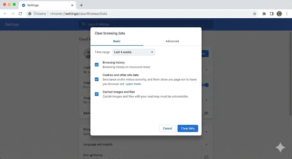 크롬 브라우저 캐시 및 쿠키 삭제 설정 화면
