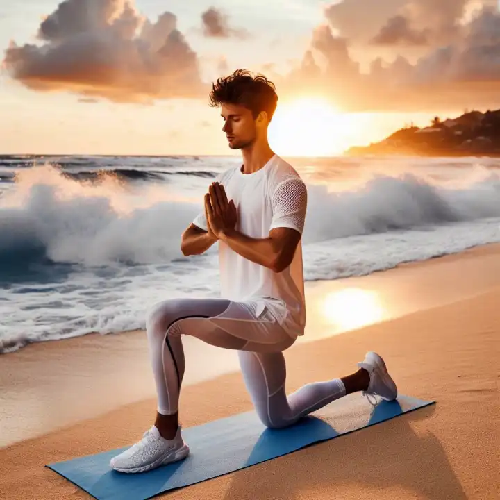 레깅스를 입고 바닷가에서 요가를 하고 있는 남자의 모습