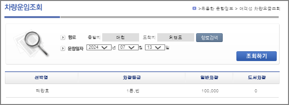 외연도 배 요금표, 차량 운임 요금