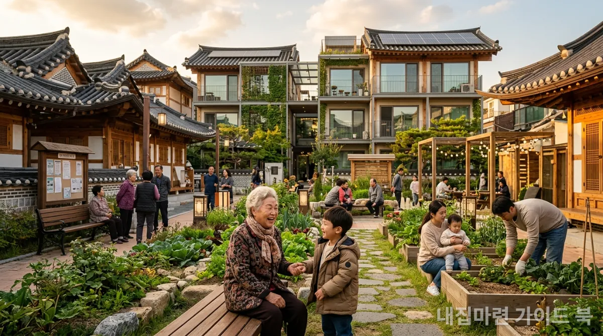 오래된 한국 동네의 도시 재생 주택에서 전통과 현대가 조화를 이루는 모습