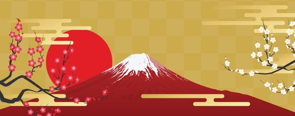 후지산 뒤로 일본 국기가 보이는 그림